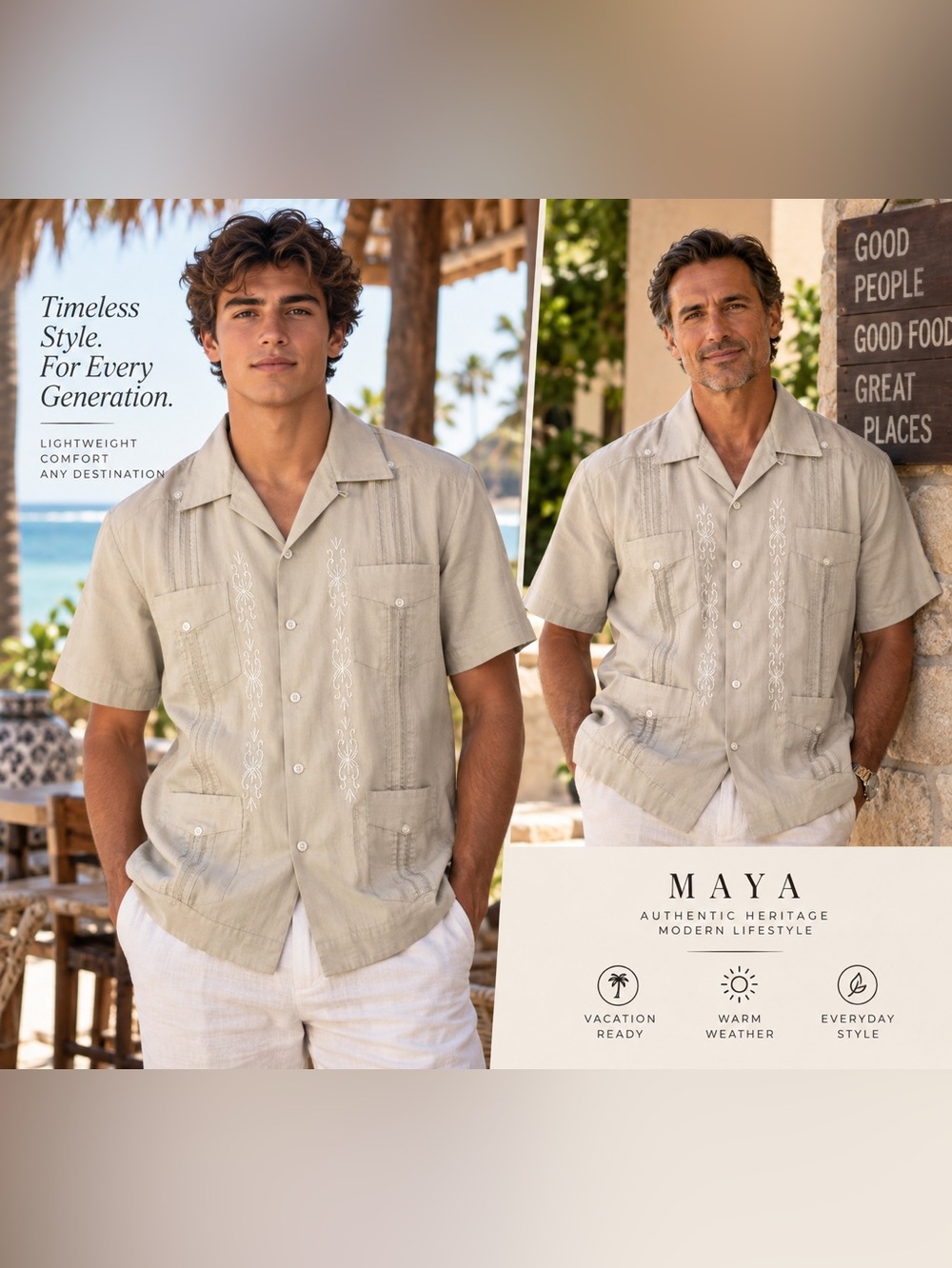Maya Guayabera Cubana Beige Short-Sleeve Embroidered Guayabera Shirt men size 40